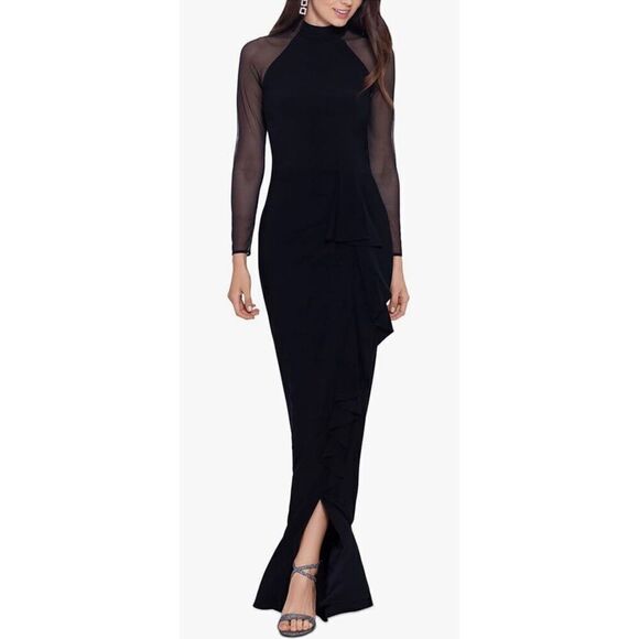Betsy & Adam Long Sleeve Illusion Mesh Halter Jersey Gown - Picture 1 of 10